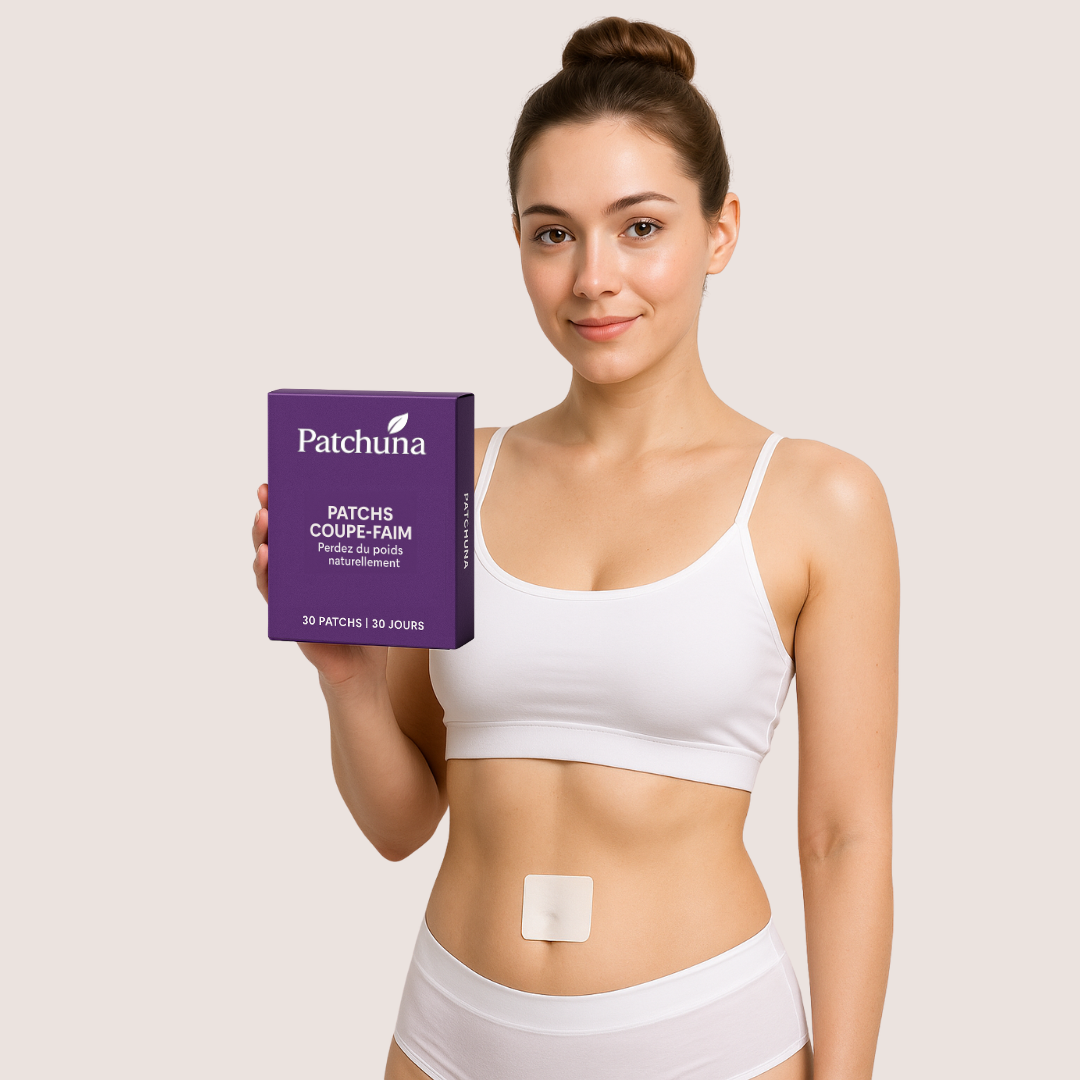 Femme souriante portant le patch coupe-faim Patchuna sur le ventre